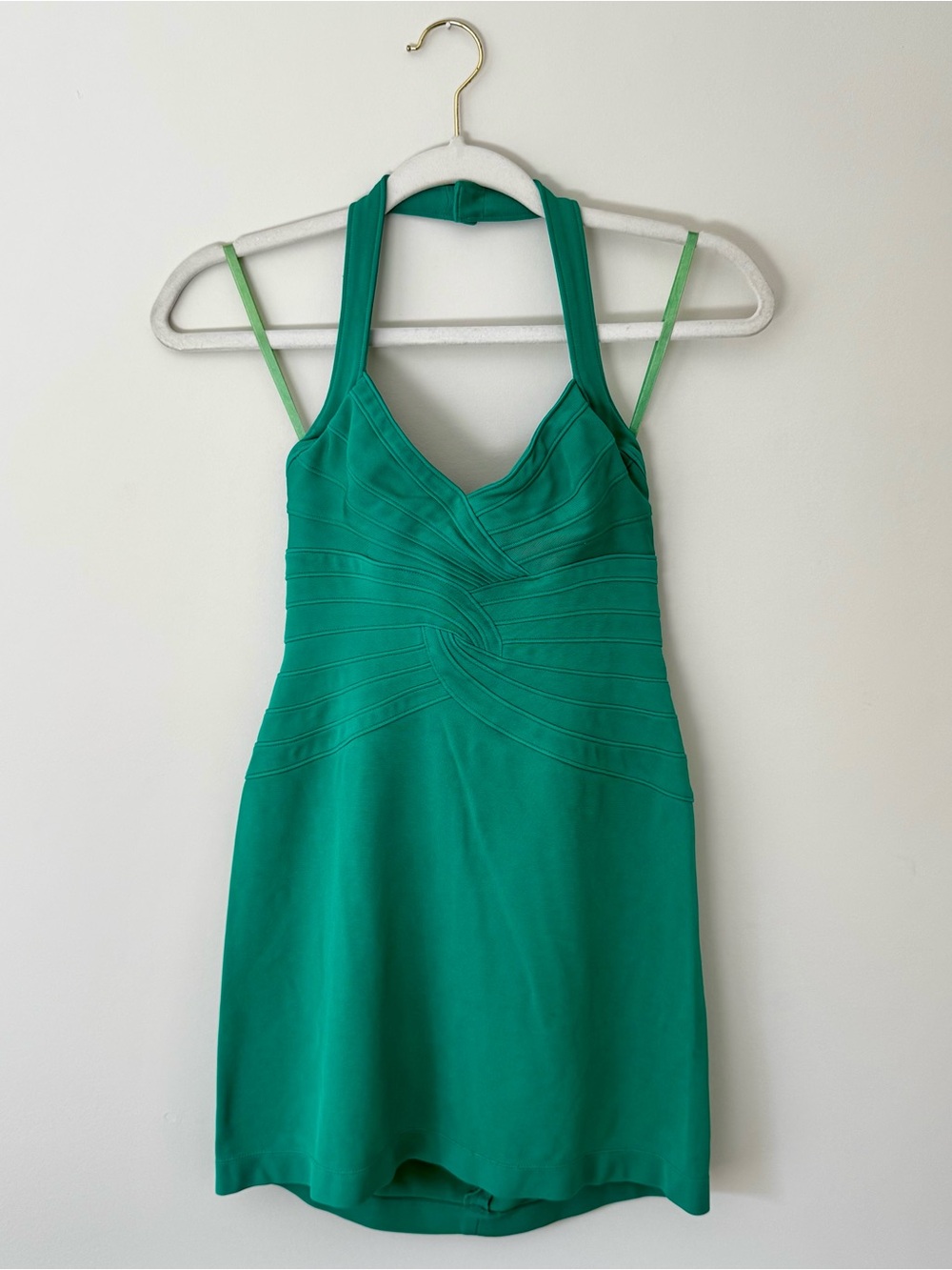 NWOT BCBGMaxAzria Y2K Halter Bandage Mini Dress, Teal Green – Size Small Flaw*